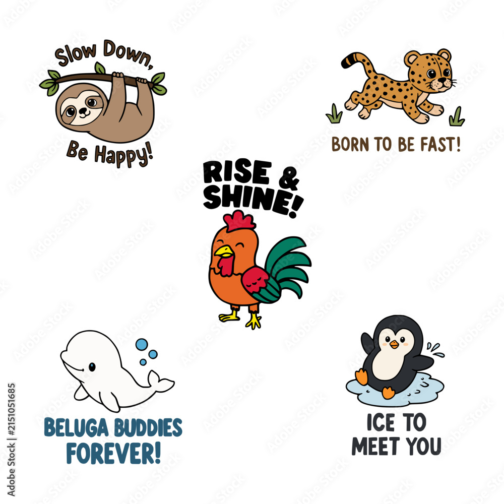 Fototapeta premium Playful Animal Quote Illustrations Featuring Sloth, Leopard, Rooster, Beluga and Penguin