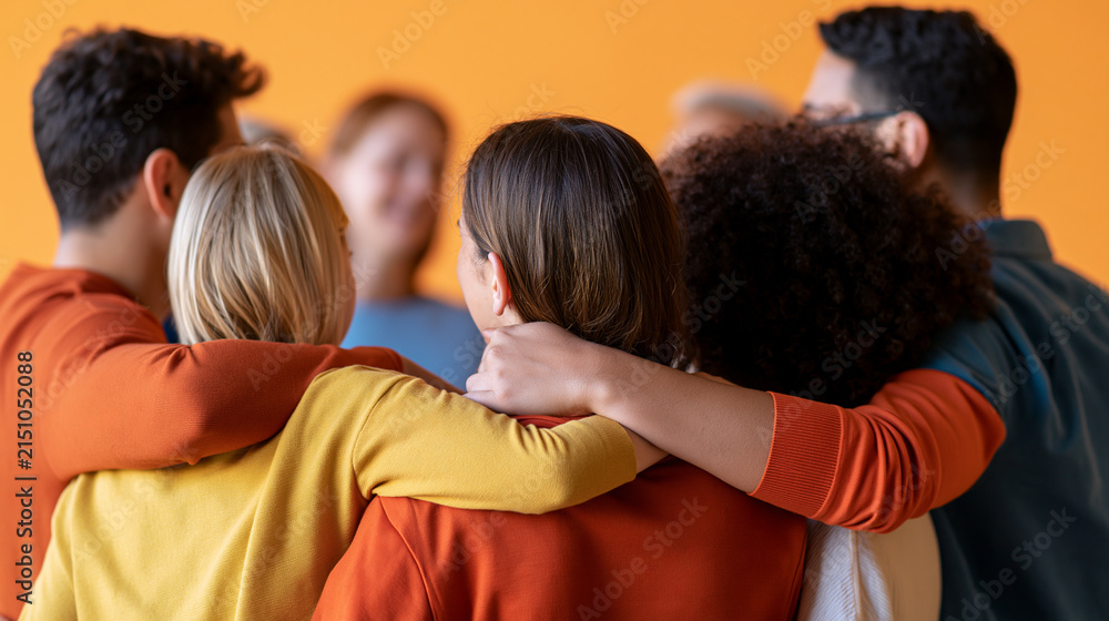 Fototapeta premium rear view of a group of young friends laughing together against a bright orange studio background, backs to camera, friendship concept, togetherness, joyful, lifestyle, isolated