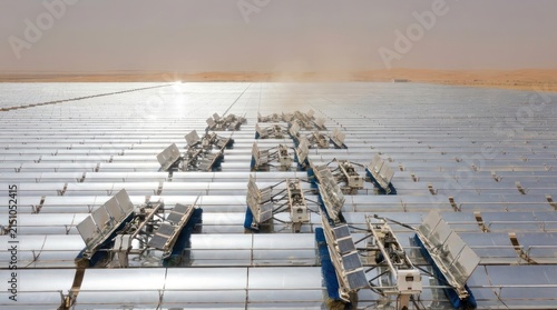 Concentrated solar power plant in arid desert.