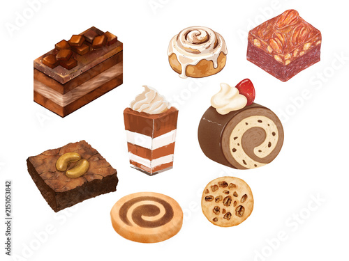 Canvastavla Watercolor illustration of assorted cakes, chocolate brownie, cinnamon roll and