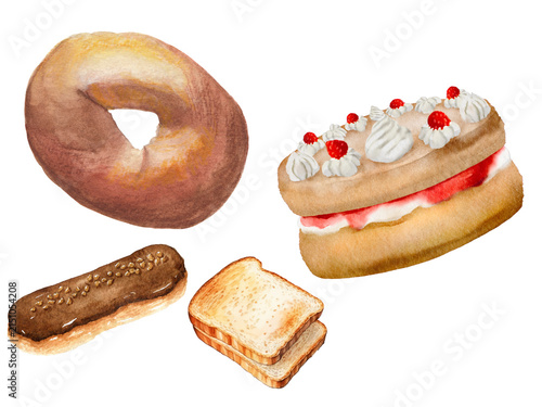 Fotografie Watercolor illustration of assorted sweet pastries, strawberry cake, donut and e