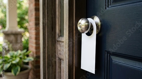 Blank white door hanger on dark blue front door.