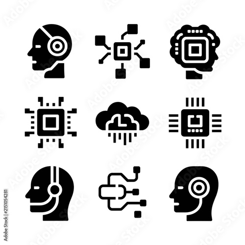 Collection of vector illustrations of AI, cloud computing, and digital technology icons