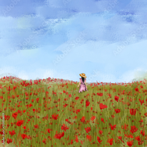 Watercolor illustration of a woman in a pink dress and straw hat walking through a red poppy flower field under a clear blue sky, featuring copy space

