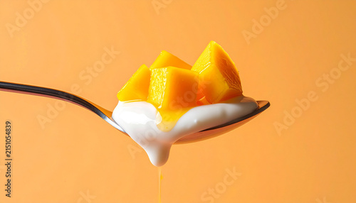 Creamy yogurt on spoon with juicy mango cubes and a delicate mango sauce streak on a warm peach background