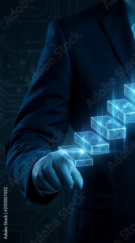 Hand pointing at glowing digital blocks