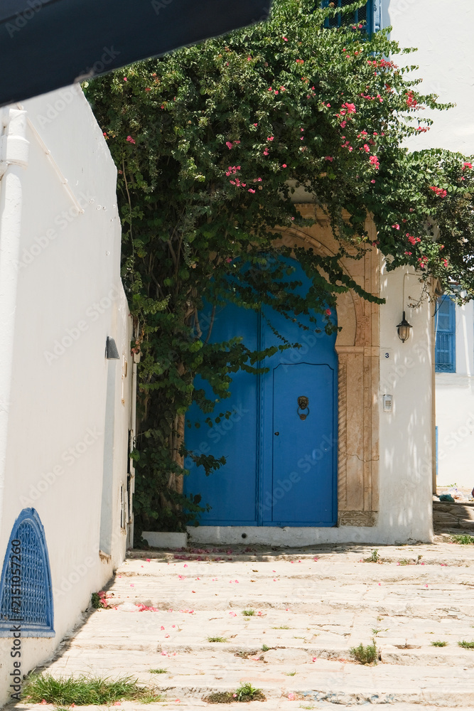 Fototapeta premium White Mediterranean building and Bougainvillea in Mediterranean Town