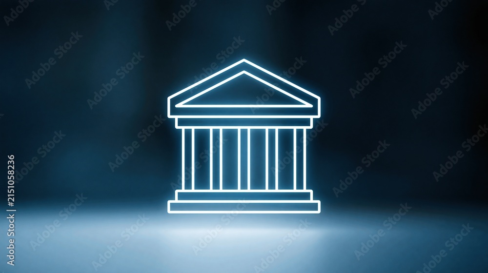 Fototapeta premium Glowing Neon Outline of a Classical Building Icon on a Dark, Moody Background
