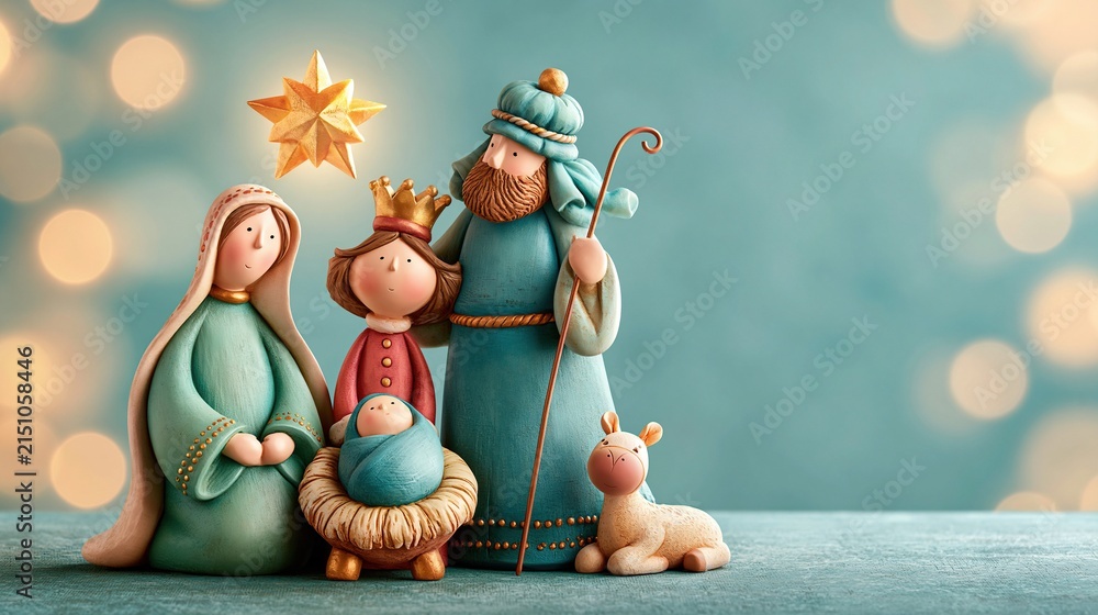 Fototapeta premium Charming Nativity Scene with Mary, Joseph, Baby Jesus, and Animals, illuminated by a Star and bokeh lights