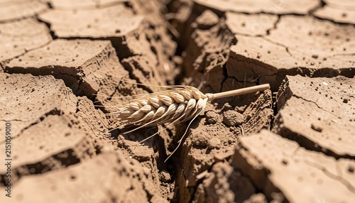 Fallen wheat stalks lying across severely cracked, dry ground, symbolizing drought, crop failure, water scarcity, climate stress, agricultural hardship, food security, the resilience of farming life