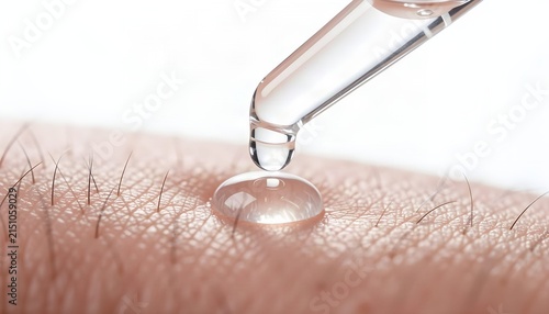 Macro close-up of a clear water droplet resting on textured human skin beneath a glass dropper, highlighting hydration, skincare, dermatology, moisture, beauty science,and laboratory-inspired wellness