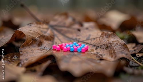 Macro photograph of colorful microplastic particles scattered across dry dead leaves, revealing the hidden presence of plastic pollution in nature and highlighting environmental contamination, ecology