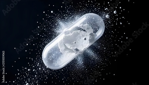 Extreme close-up of a transparent glass capsule shattering into fragments against a dark background, capturing pharmaceutical technology, medicine, drug delivery, scientific discovery, and dramatic 