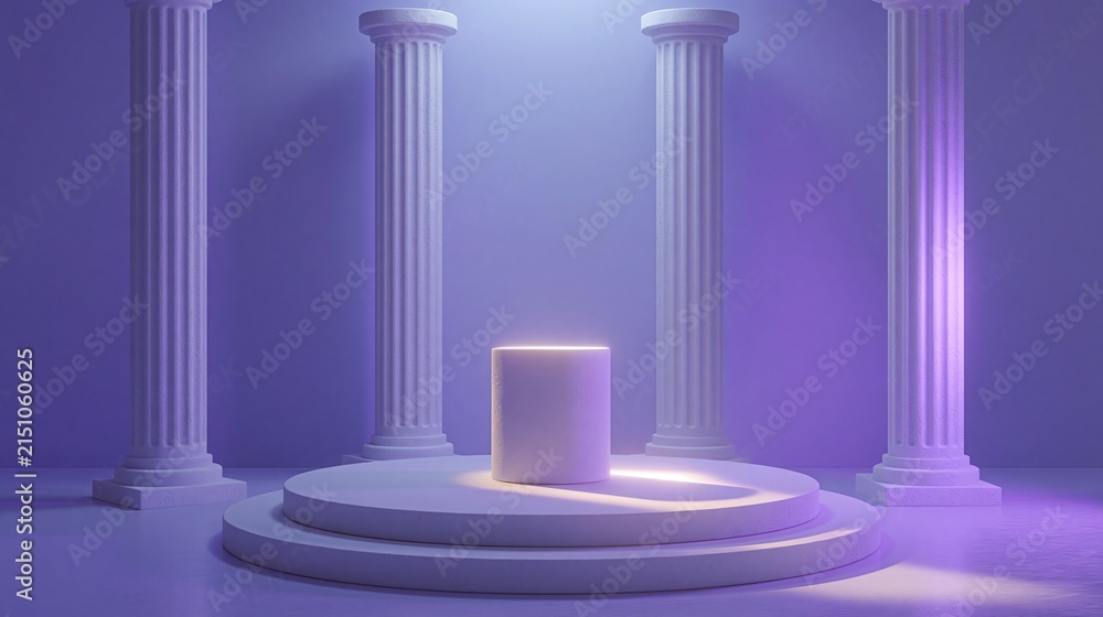 Fototapeta premium Elegant, illuminated pedestal surrounded by classical columns, creating a serene and sophisticated display space