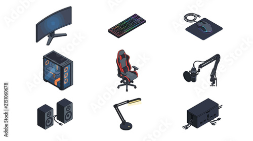 Isometric Gaming Setup Icons: Monitor, Keyboard, Mouse, PC, Chair, Mic