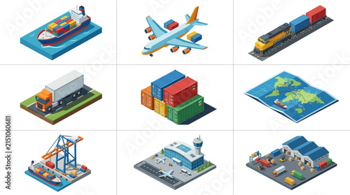 Isometric Transportation and Logistics Icons Set: Ships, Planes, Trains, Trucks, Cargo