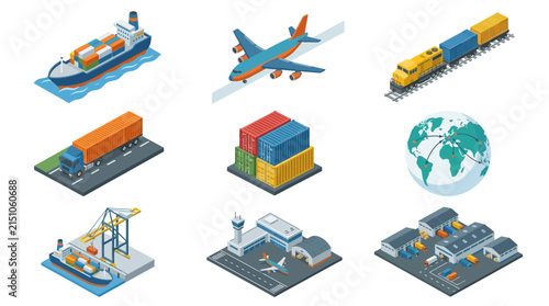 Isometric Logistics Icons: Ship, Plane, Train, Truck, Containers, Globe, Port