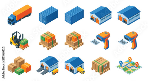 Isometric Logistics and Shipping Icons Set: Warehouse, Truck, Forklift, Boxes, Scanner