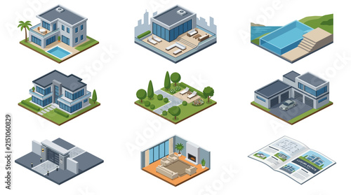 Isometric Houses Set: Modern Architecture Icons with Pools and Gardens