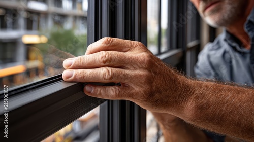 Construction worker inspecting newly installed window frame