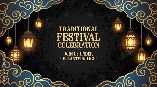 Islamic festival celebration banner with glowing lanterns.