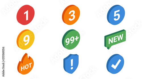 Isometric Notification Badges Set: Numbers, New, Hot, Alert, Success Icons