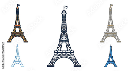 Pixel Art Eiffel Tower Collection Featuring Multiple Color Variations and Styles Detailed Vector Illustrations