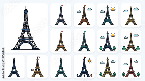 Pixel Art Eiffel Tower Collection Iconic Parisian Landmark in Various Styles and Colors