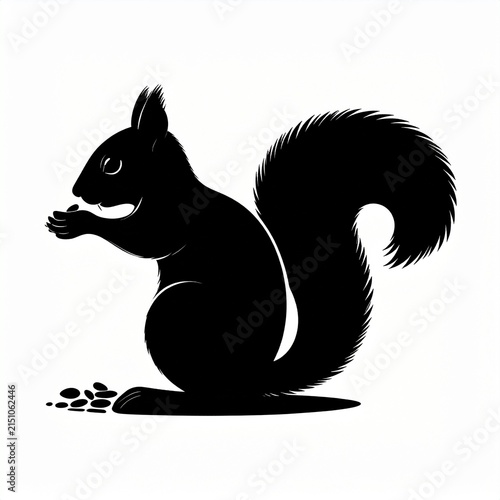 Black and white squirrel silhouette illustration eating nut.