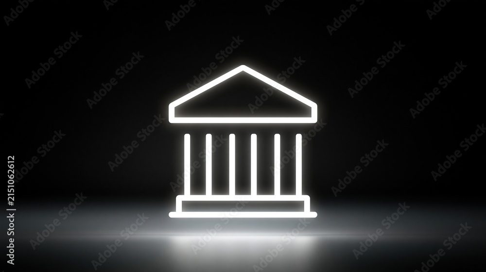 Fototapeta premium Glowing white neon icon of a classical building with columns on a dark reflective surface