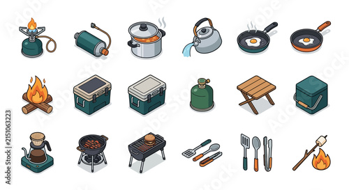 Camping Kitchen Gear Set: Isolated Isometric Icons