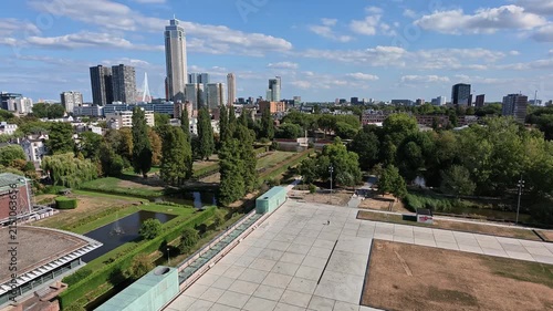 High Angle Panning Shot Showing Urban Buildings and Park Rotterdam
