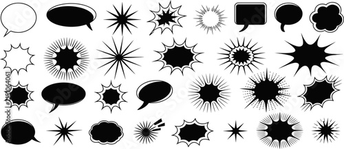 Set of comic book speech bubbles and explosion burst shapes for graphic design elements