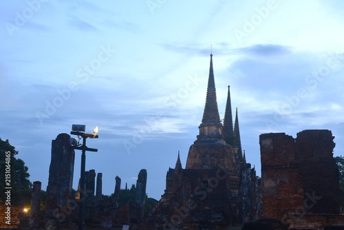 pagoda of Wat Phra Si Sanphet or temple of the holy, splendid Omniscient in twilight sunset sky background on evening