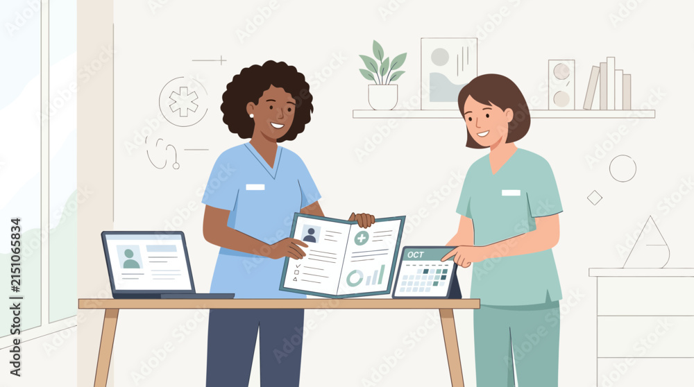 Fototapeta premium Two nurses reviewing medical charts and data on a desk with laptop