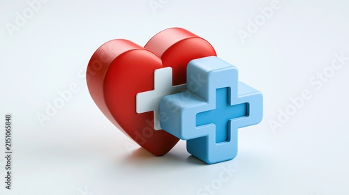 3D Red Heart with Blue and White Medical Cross Symbols Representing Health and Care