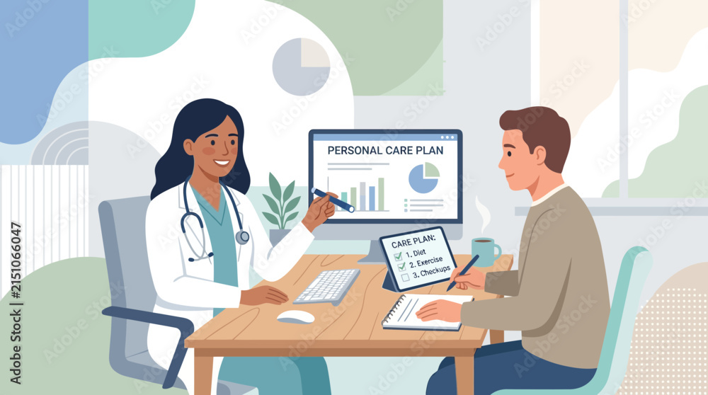 Fototapeta premium Doctor and Patient Discussing Personal Care Plan on Computer and Tablet