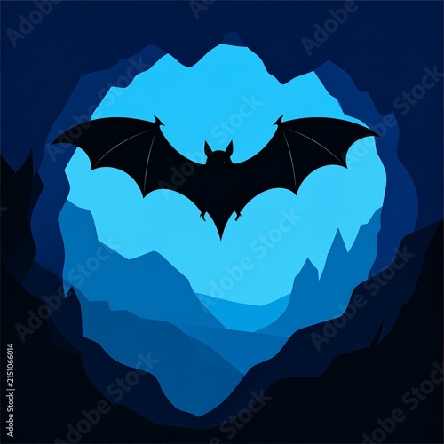 Silhouette of a Bat Flying Against a Blue Mountain Sky.