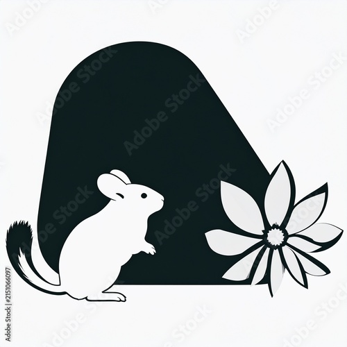 White mouse sitting beside large black rock and flower.