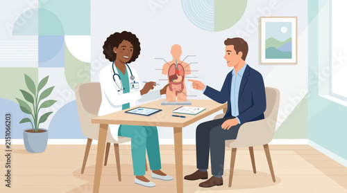 Doctor explaining human anatomy model to patient in consultation room
