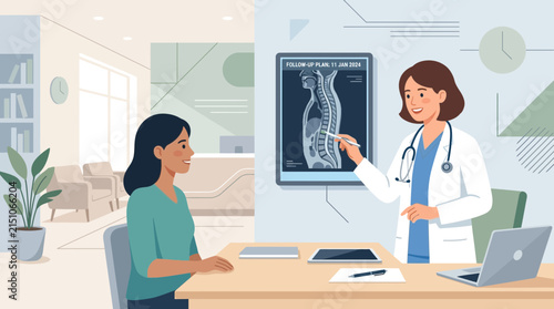 Doctor explaining spine x-ray to patient in clinic