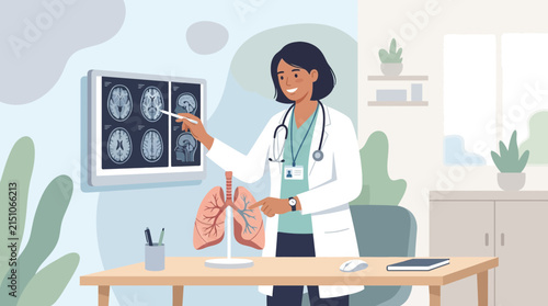 Doctor explaining medical scan with lung model