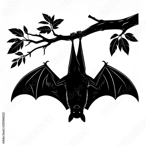 Silhouette of a Bat Hanging from a Tree Branch.