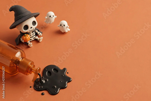 Top down Halloween scene amber pump bottle spilling ghost shaped soap puddle