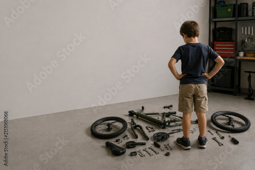 Boy stands beside disassembled bicycle parts. Space for text.