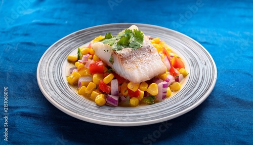 peruvian ceviche dish with fish corn and sweet potato