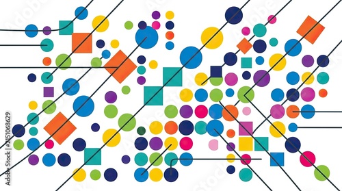 Colorful geometric shapes and dots connected by thin lines on white background vector illustration