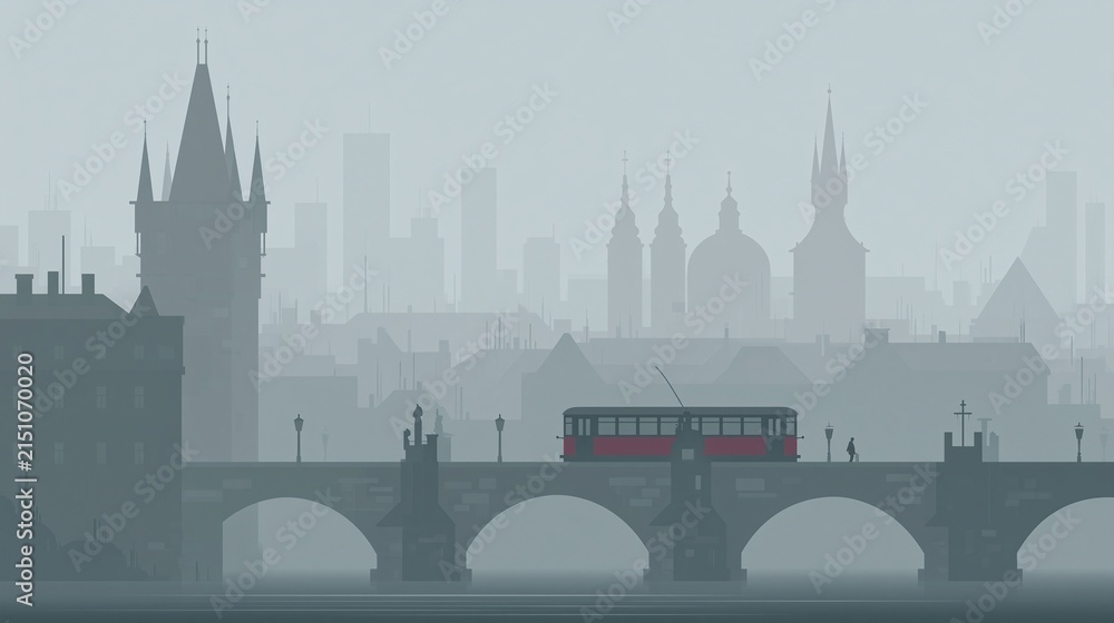 Fototapeta premium Misty European Cityscape with Historic Bridge, Tram, and Silhouetted Architecture