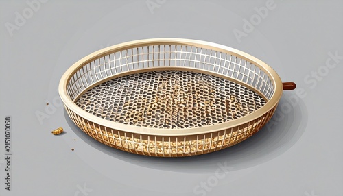 Traditional Woven Bamboo Sieve on Gray Background.