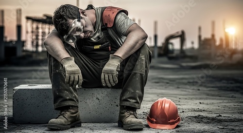 Exhausted construction laborer resting on a concrete block after a long demanding shift at a busy development site during a golden sunset hour